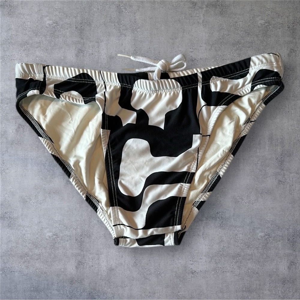 Bold Black and White Swim Trunks with Abstract Design